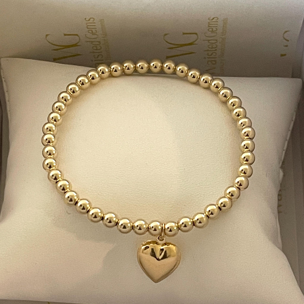 Solid Gold Beaded Heart Charm Bracelet