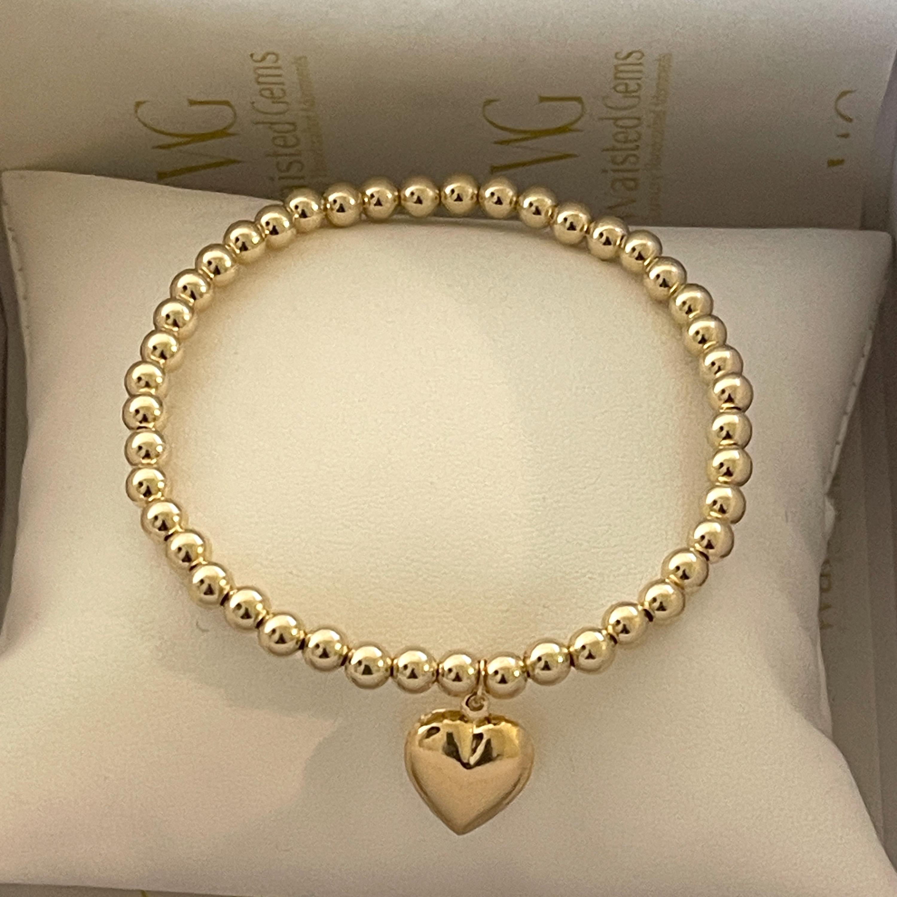 Solid Gold Beaded Heart Charm Bracelet