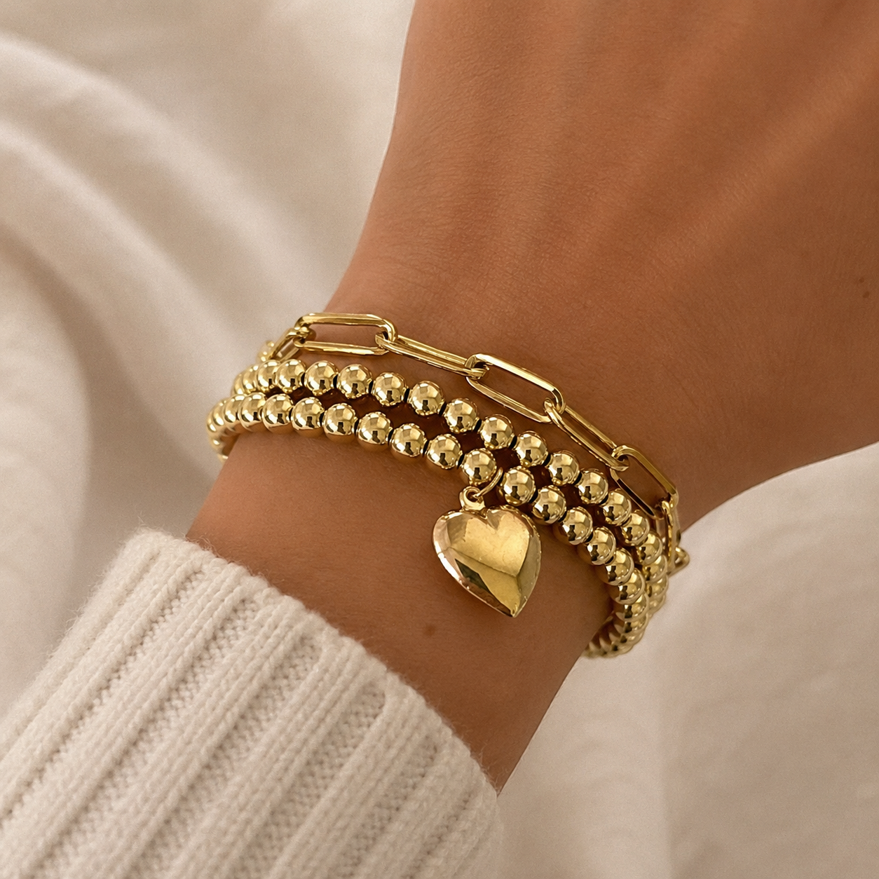 14k Solid Gold Heart Charm Bead Bracelet