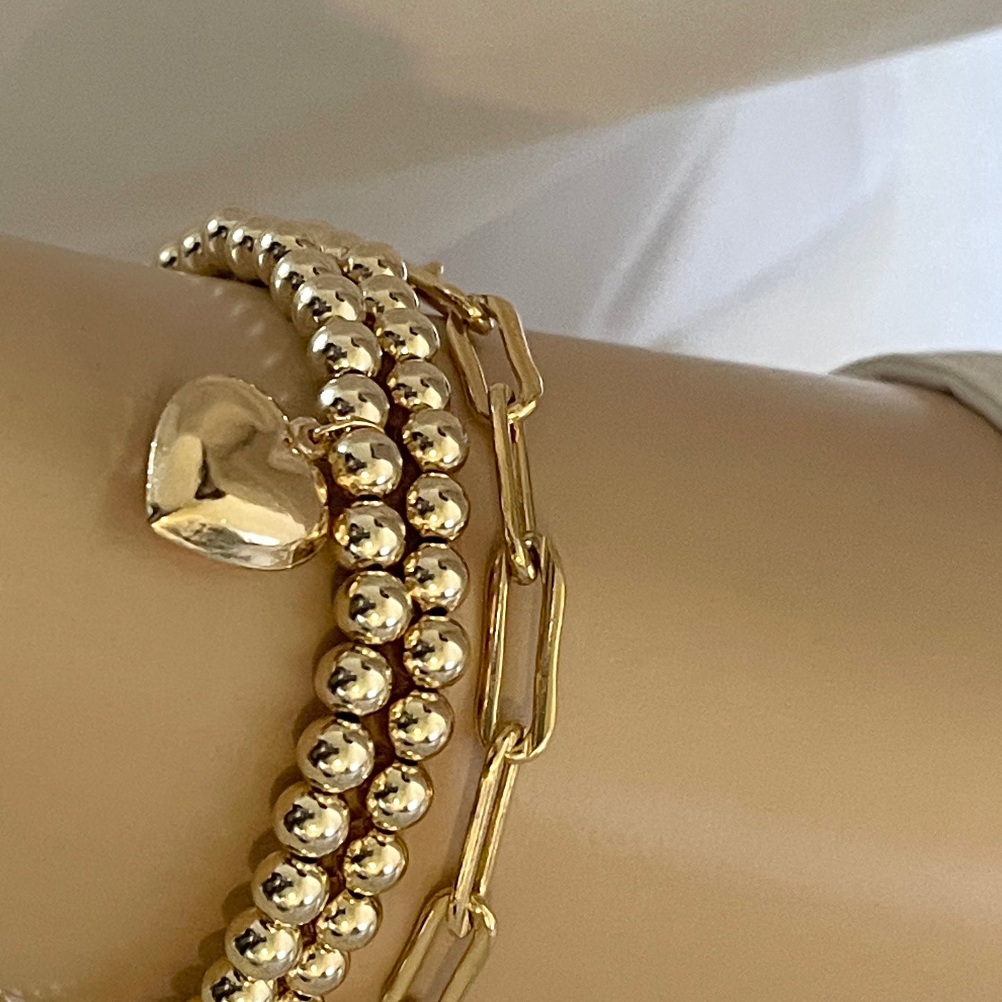 14k Solid Gold Heart Charm Bead Bracelet in gift box