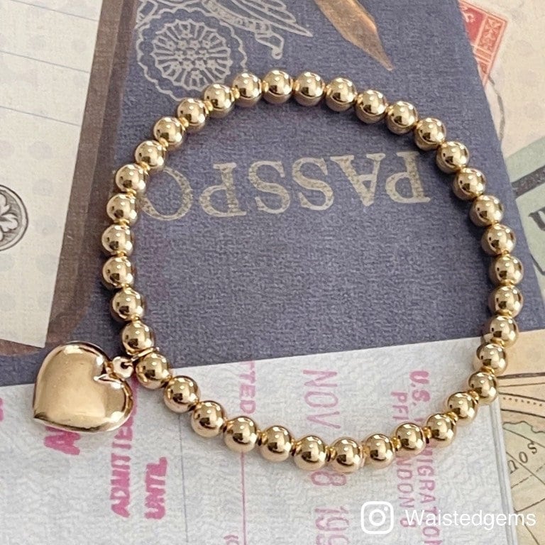 Solid Gold Beaded Heart Charm Bracelet