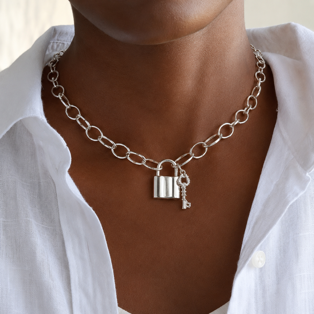 Sterling Silver Padlock Chain Necklace – Chunky Oval Link Detail