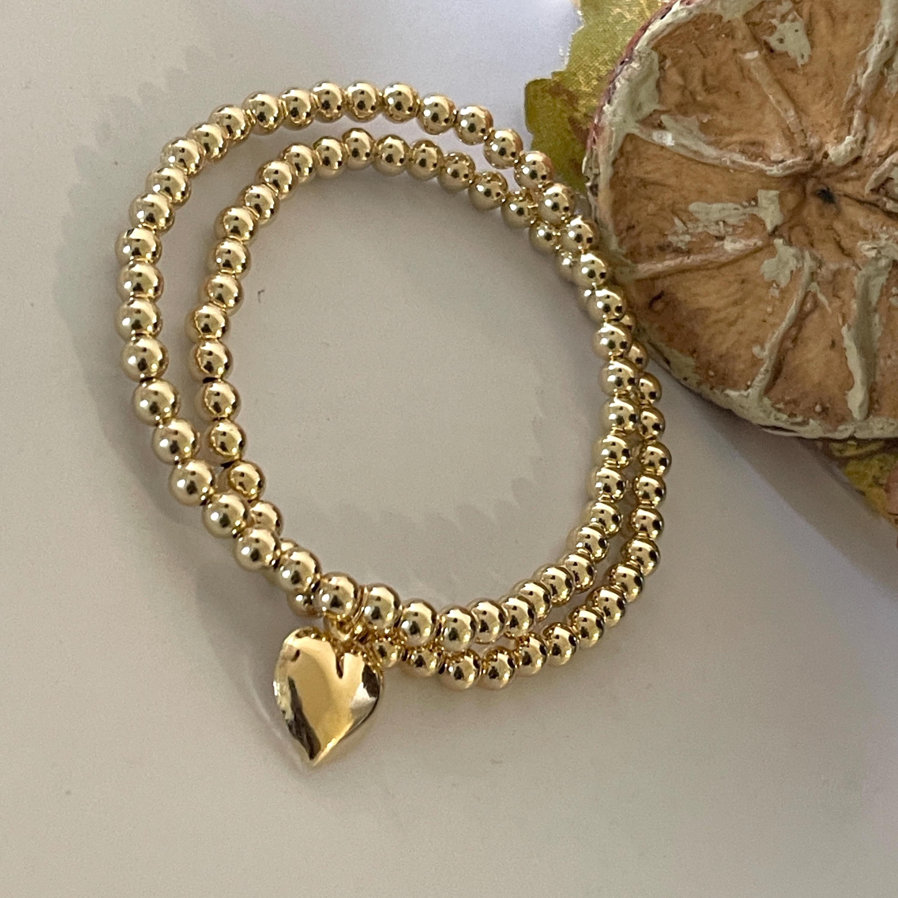 14k Gold Filled Beaded Heart Charm Bracelet