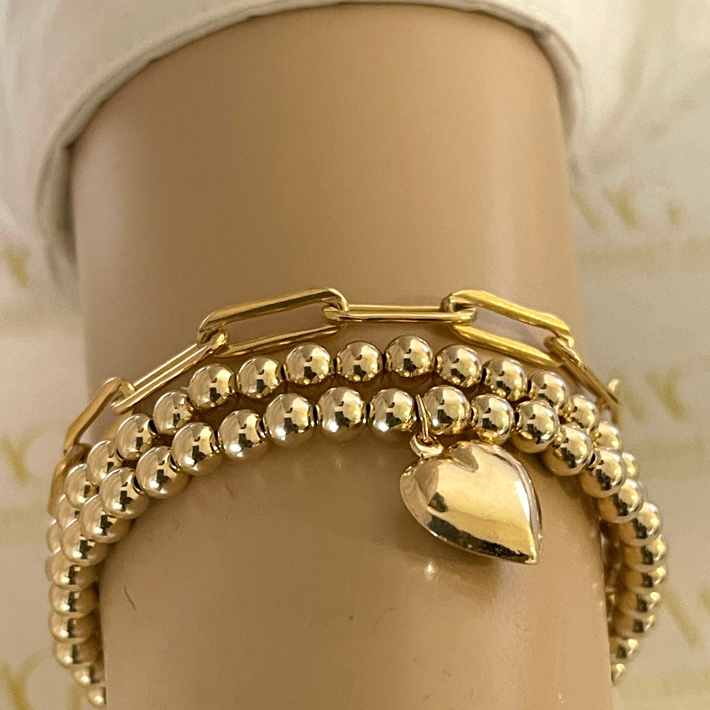 The Solid Gold Heart Charm Bead Bracelet