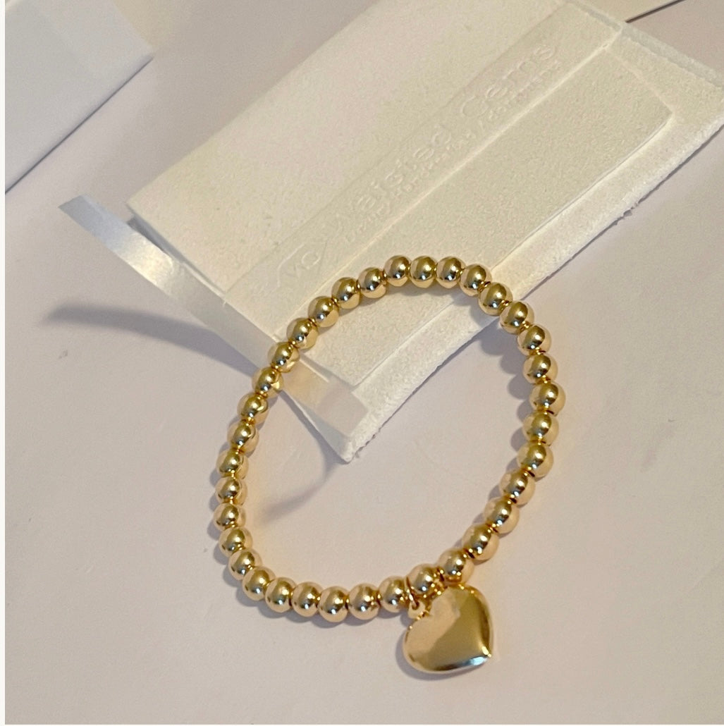 Solid Gold Beaded Heart Charm Bracelet