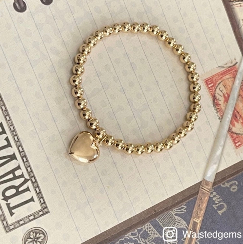 14k Gold Filled Beaded Heart Charm Bracelet