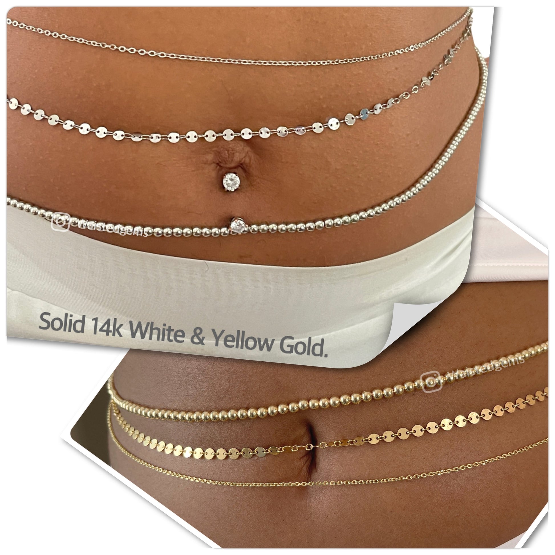 14k Solid Gold Diamond Cut Cable Waist Chain in gift box