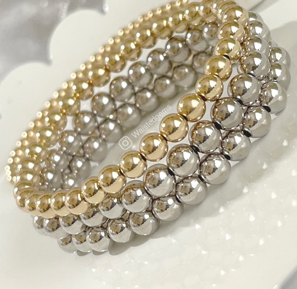 14k Solid Gold Bead Stretch Bracelet on wrist