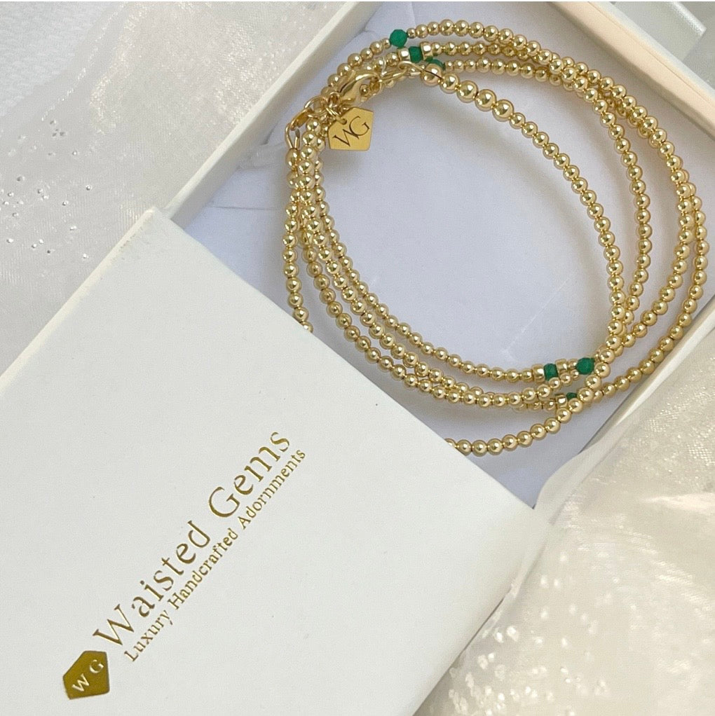 14k Solid Gold Waist Beads – Emerald Accent