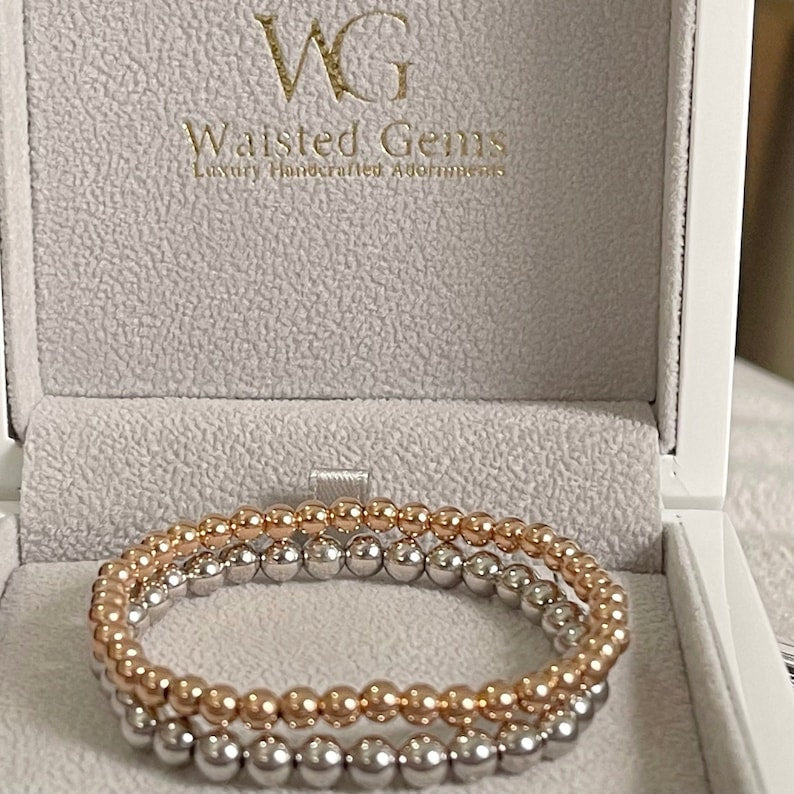 14k Solid Gold Bead Stretch Bracelet gift box