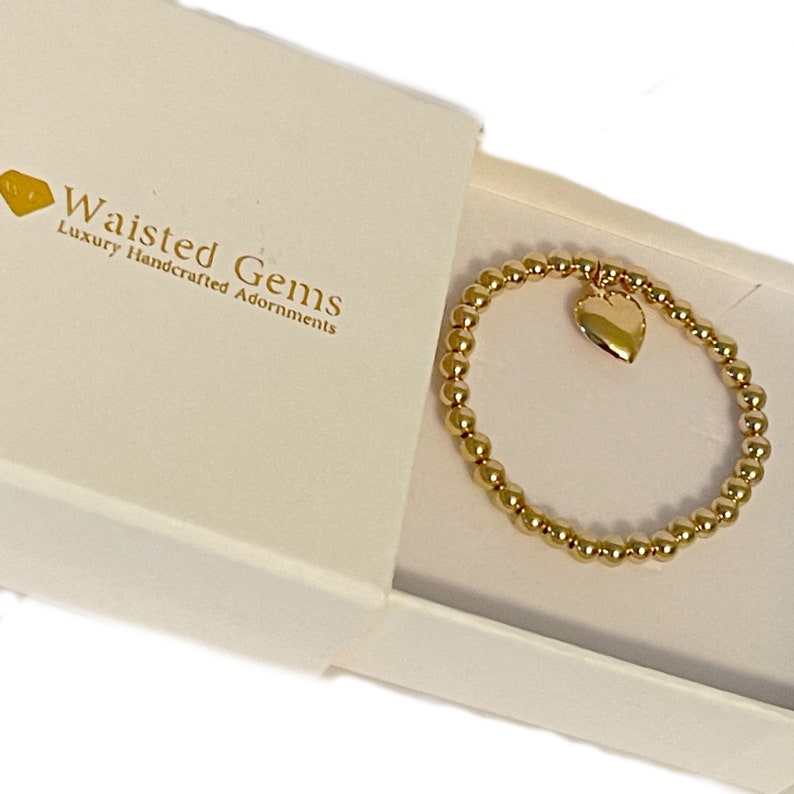 Solid Gold Heart Charm Bead Bracelet gift box