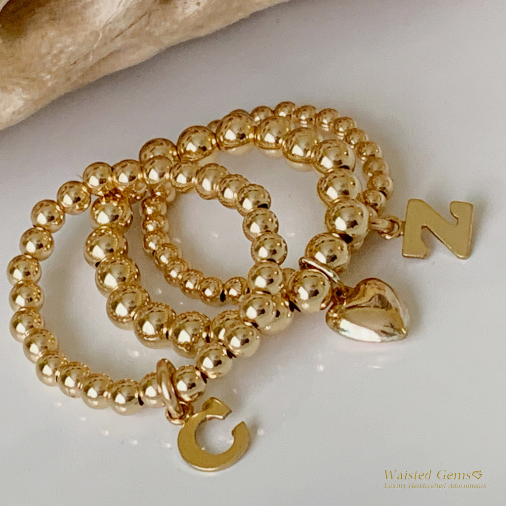 14k Gold Filled Initial Beaded Ring – Dainty Charm Stretch Band