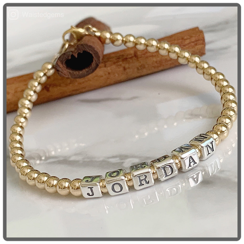 14k Gold Filled Beaded Name Bracelet Custom Sterling Silver Letter Bracelet