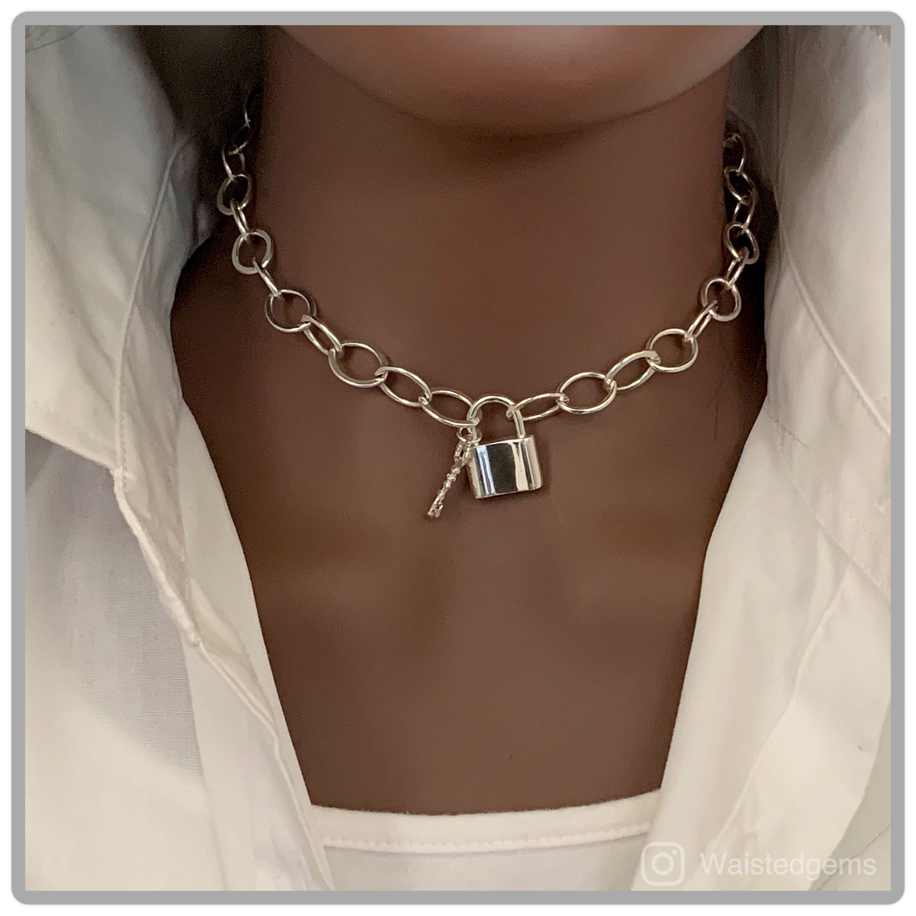 Sterling Silver Padlock Chain Necklace – Chunky Oval Link Detail