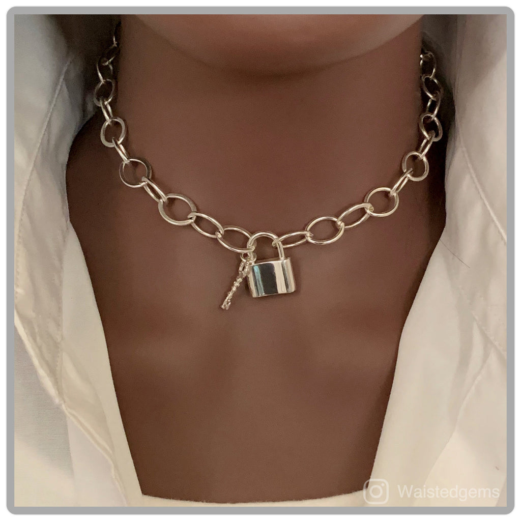 Sterling Silver Padlock Chain Necklace – Chunky Oval Link Detail