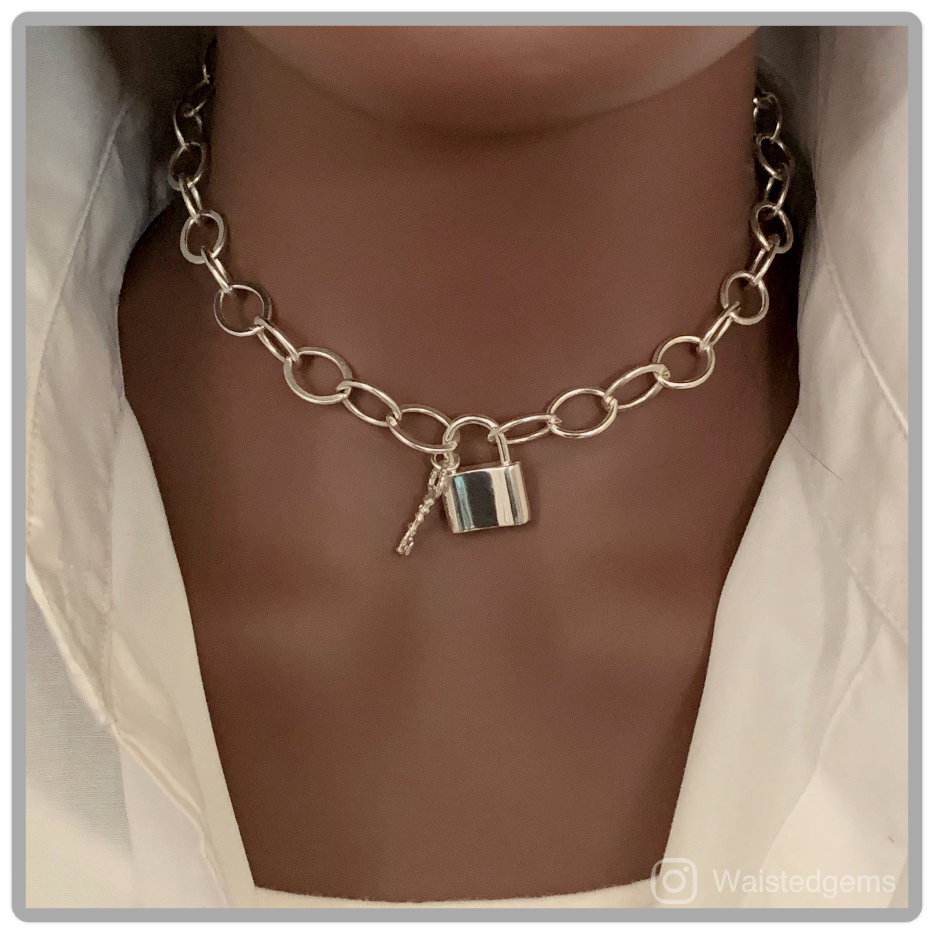 Sterling Silver Padlock Chain Necklace – Chunky Oval Link Detail