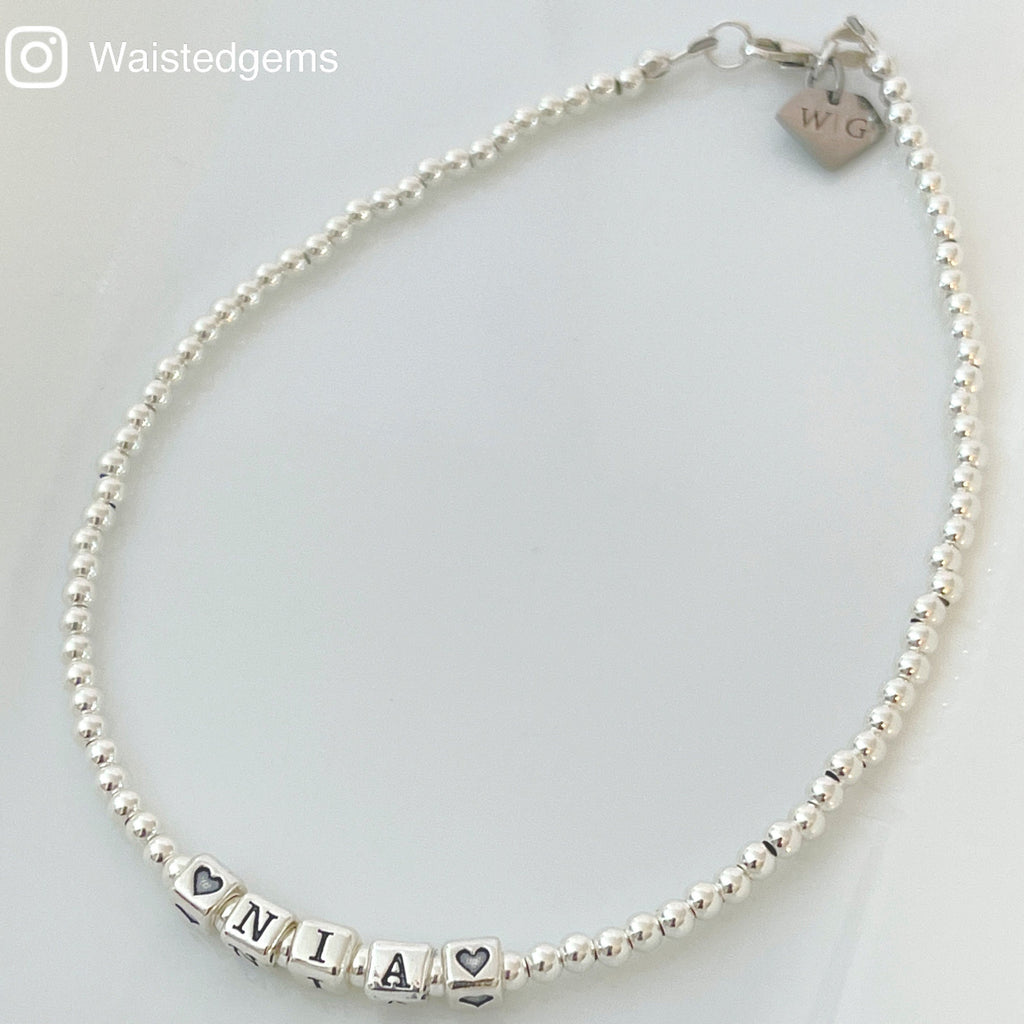 Sterling Silver Name Anklet – Custom Beaded Monogram