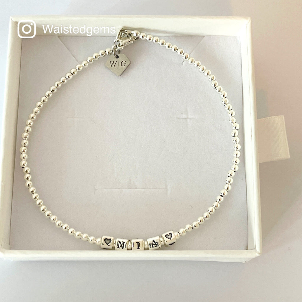 Sterling Silver Name Anklet – Custom Beaded Monogram