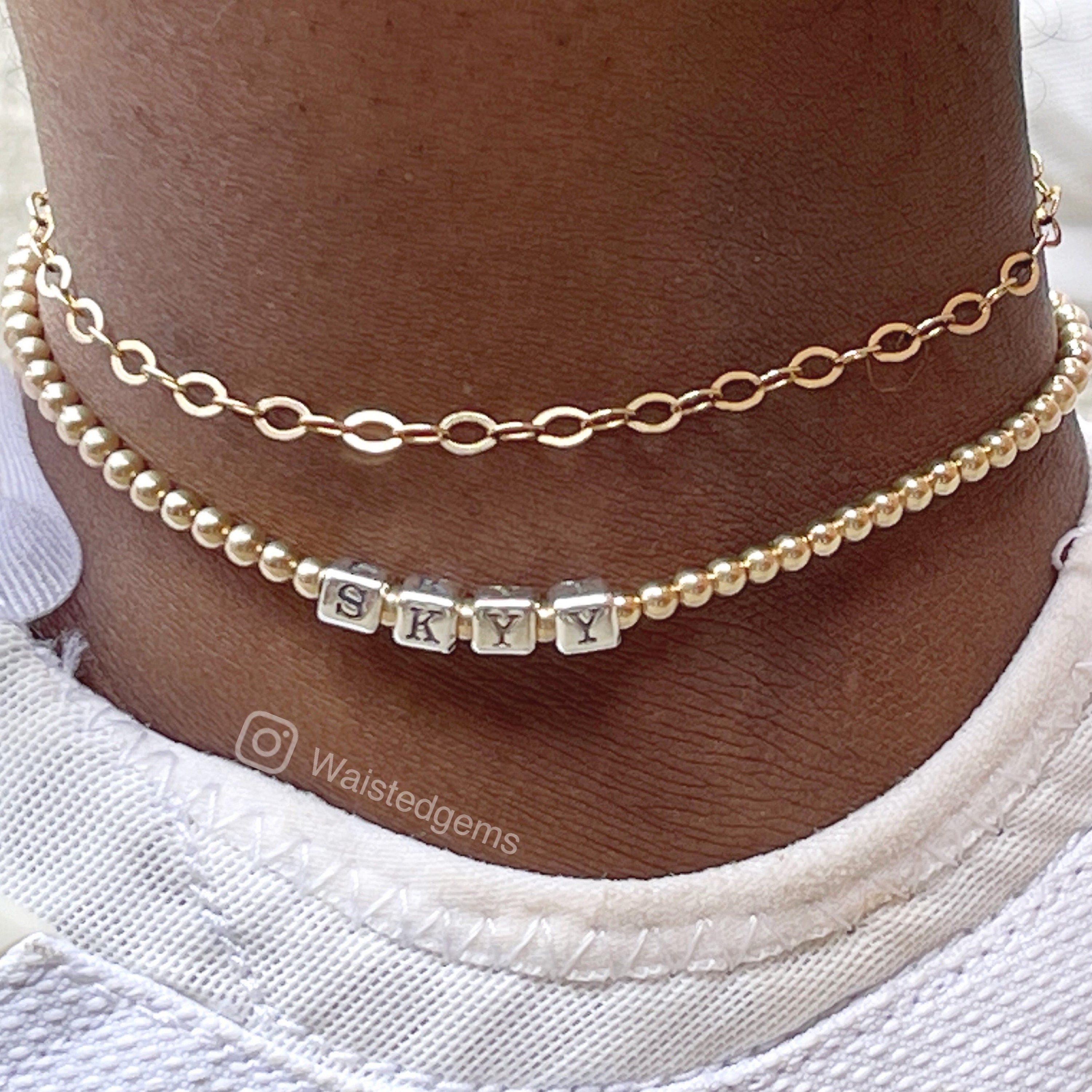 14k Gold Filled Name Anklet – Two-Tone Custom Beaded Monogram