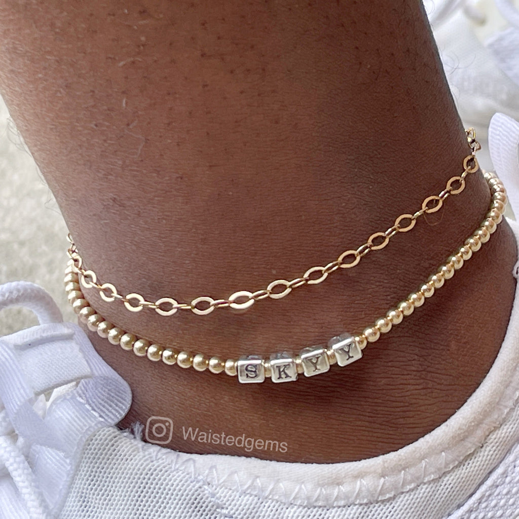 14k Gold Filled Name Anklet – Two-Tone Custom Beaded Monogram