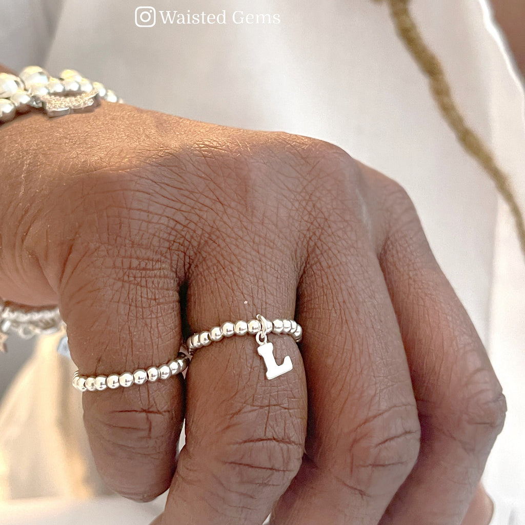 14k Gold Filled Initial Beaded Ring – Dainty Charm Stretch Band