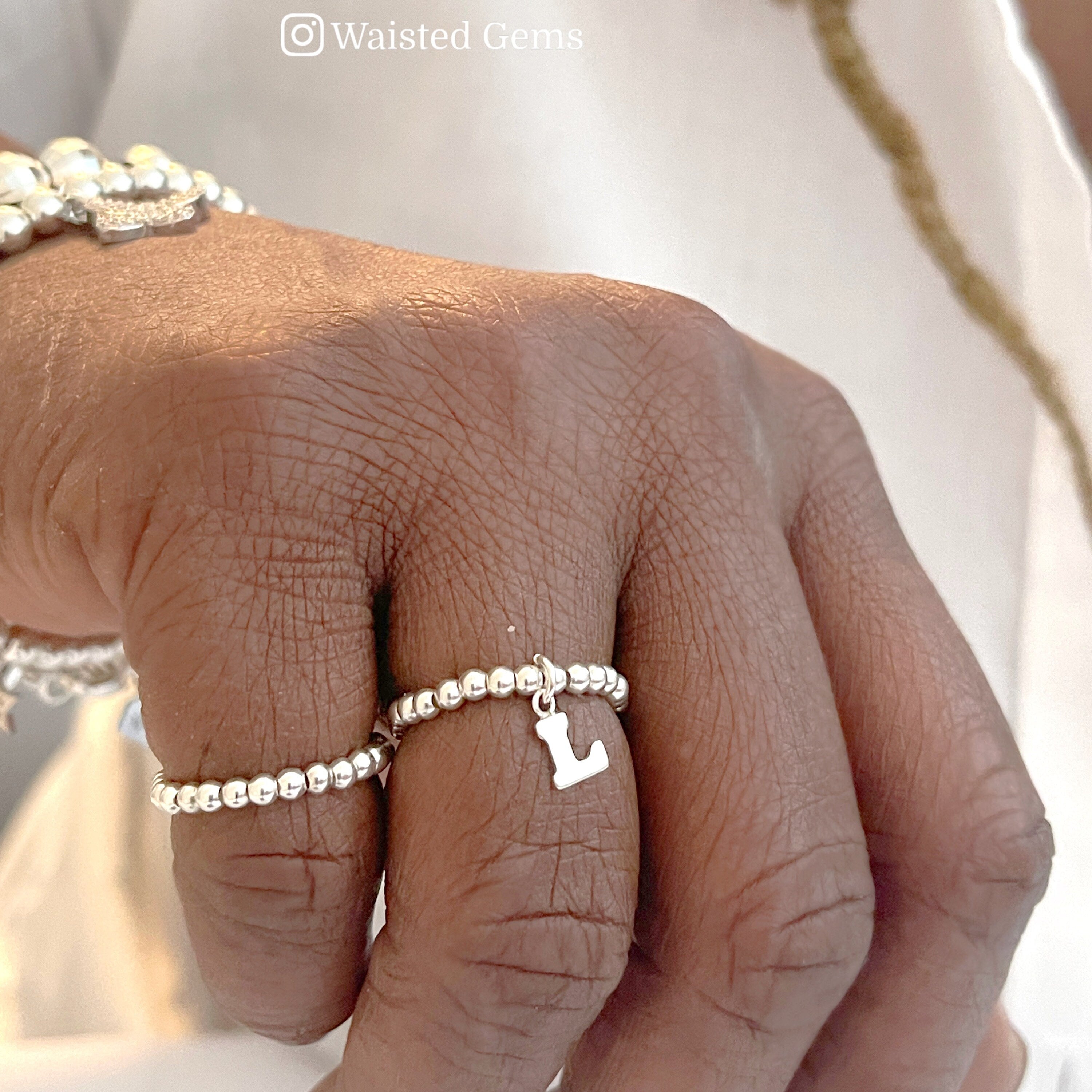 14k Gold Filled Initial Beaded Ring – Dainty Charm Stretch Band