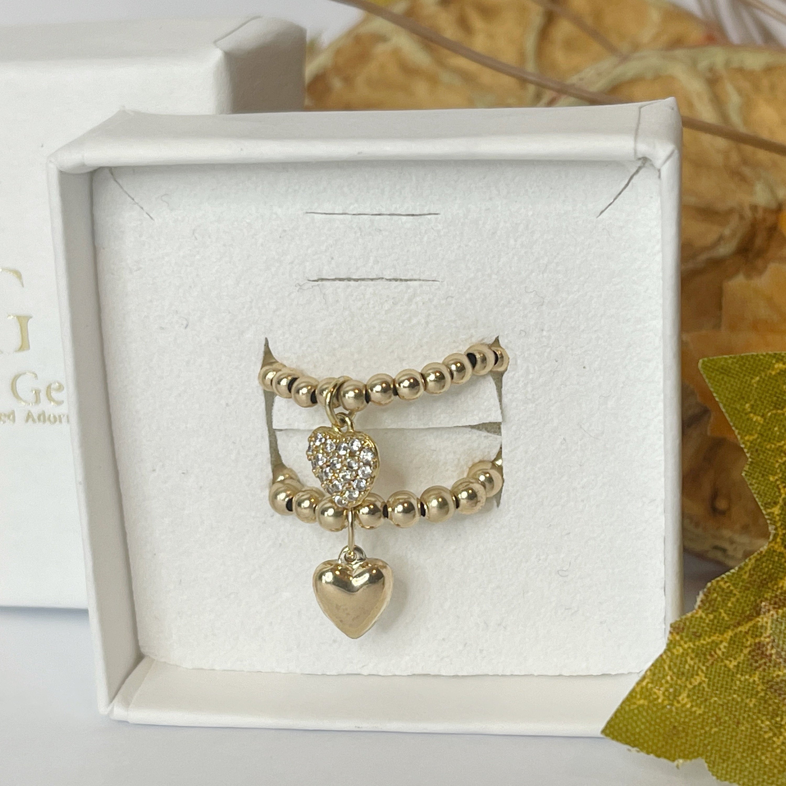 Solid Gold Beaded Heart Charm Ring