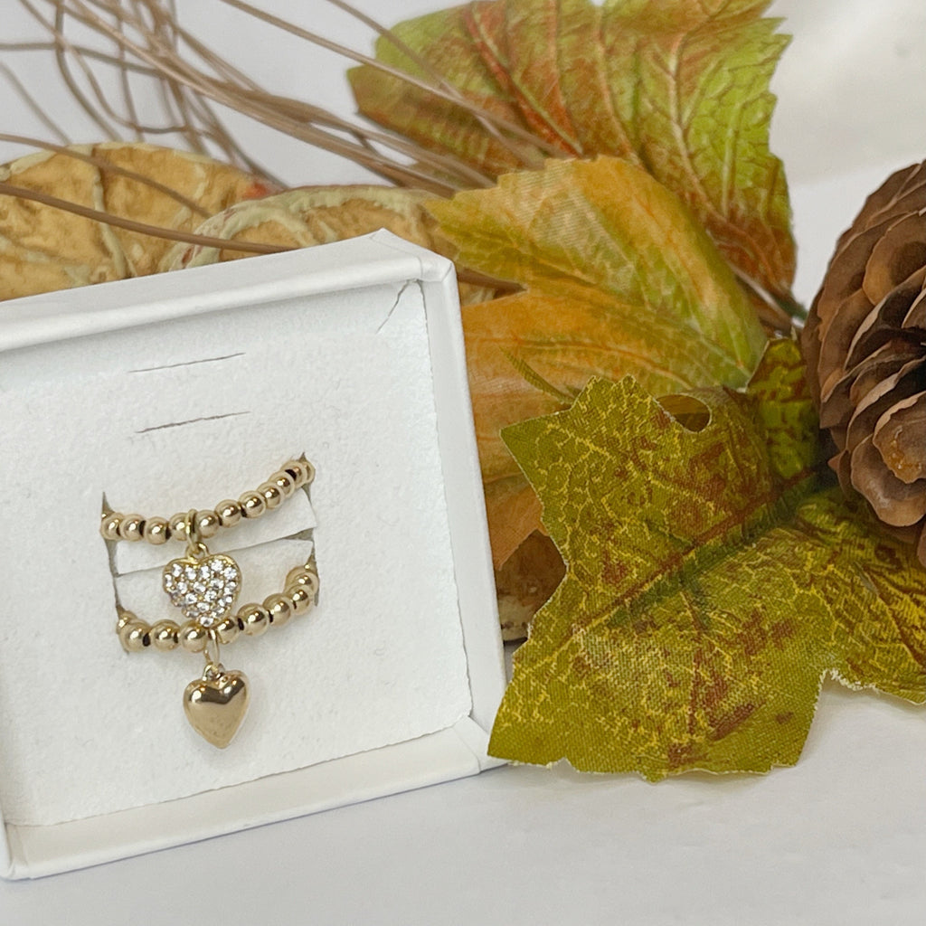 Solid Gold Beaded Heart Charm Ring