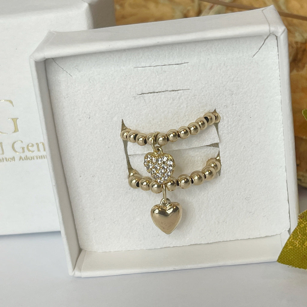Solid Gold Beaded Heart Charm Ring