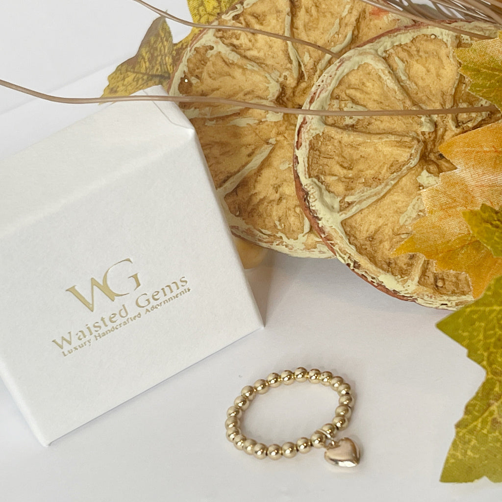 Solid Gold Beaded Heart Charm Ring