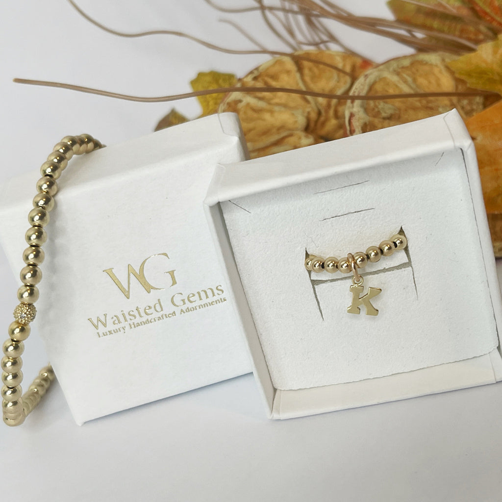 14k Gold Filled Initial Beaded Ring – Dainty Charm Stretch Band