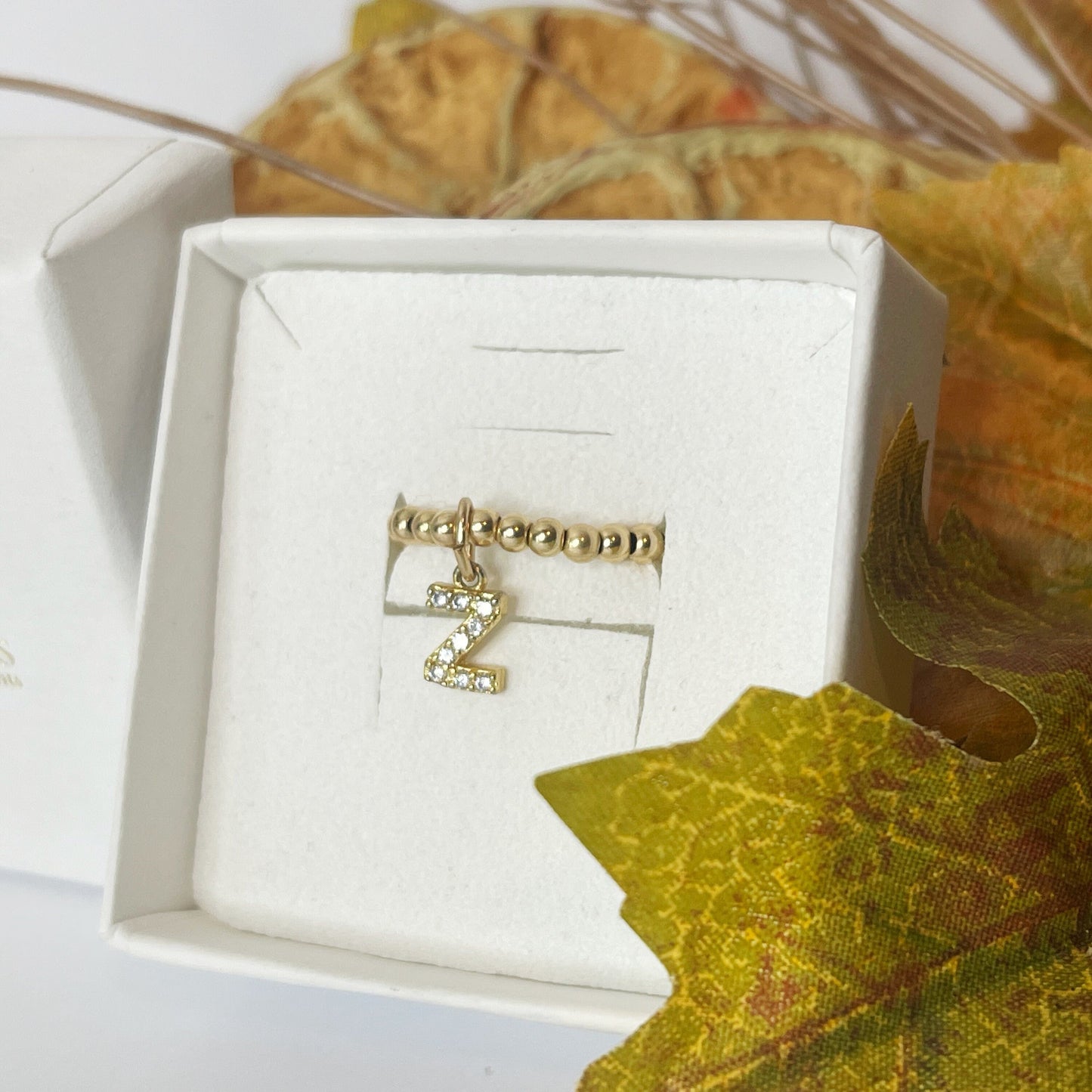 14k Solid Gold Diamond Initial Charm Ring in box