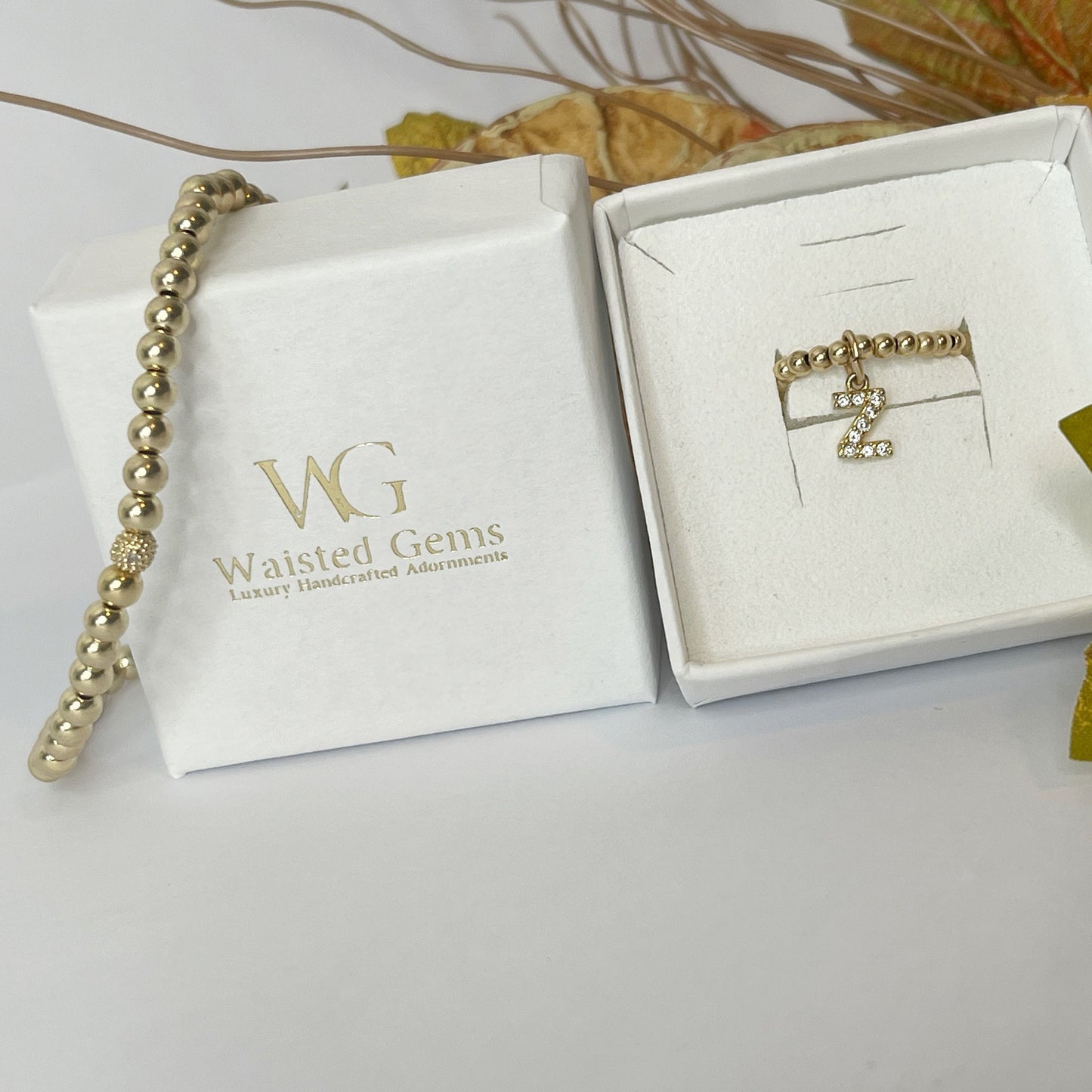 14k Solid Gold Initial Ring Waisted Gems gift box