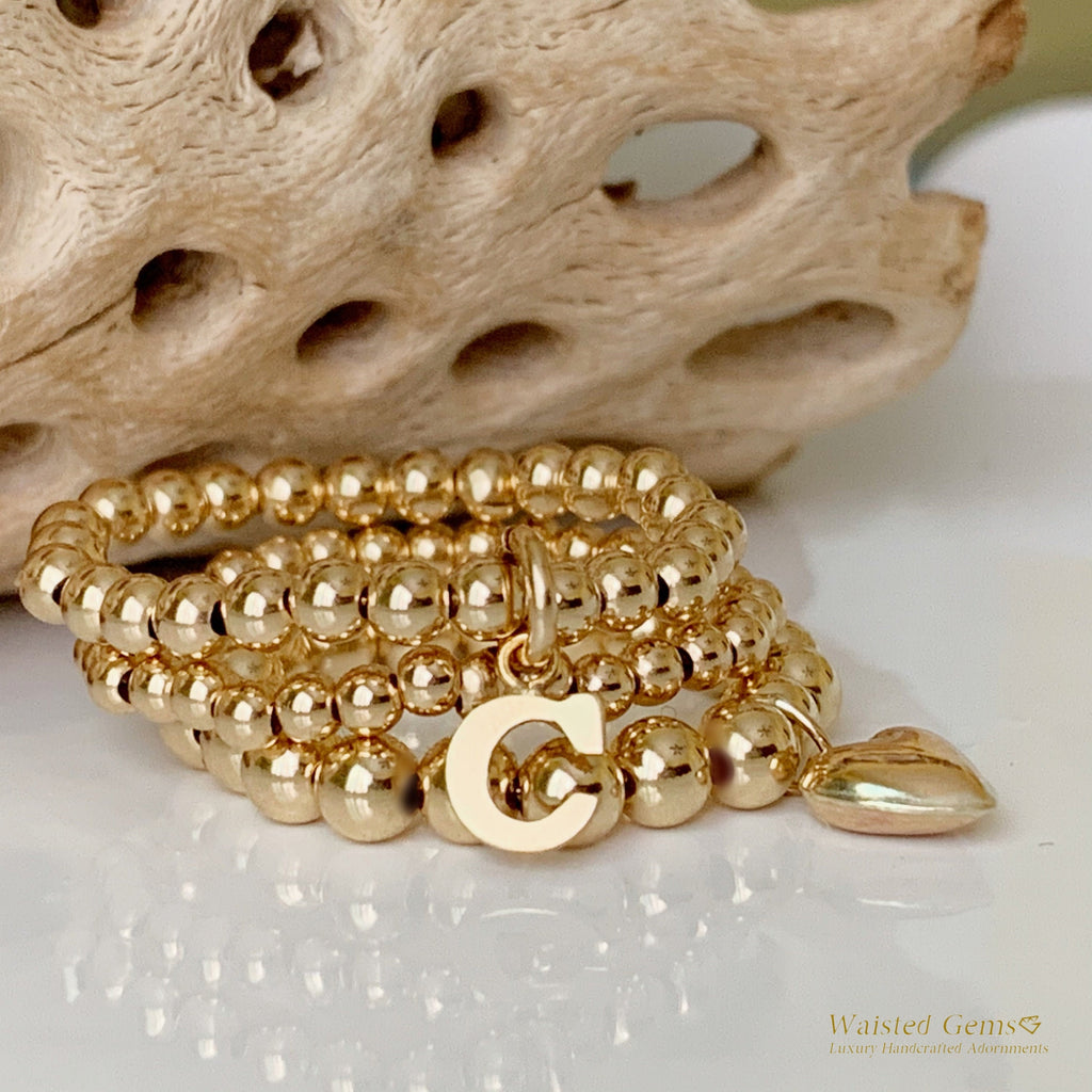 14k Gold Filled Initial Beaded Ring – Dainty Charm Stretch Band