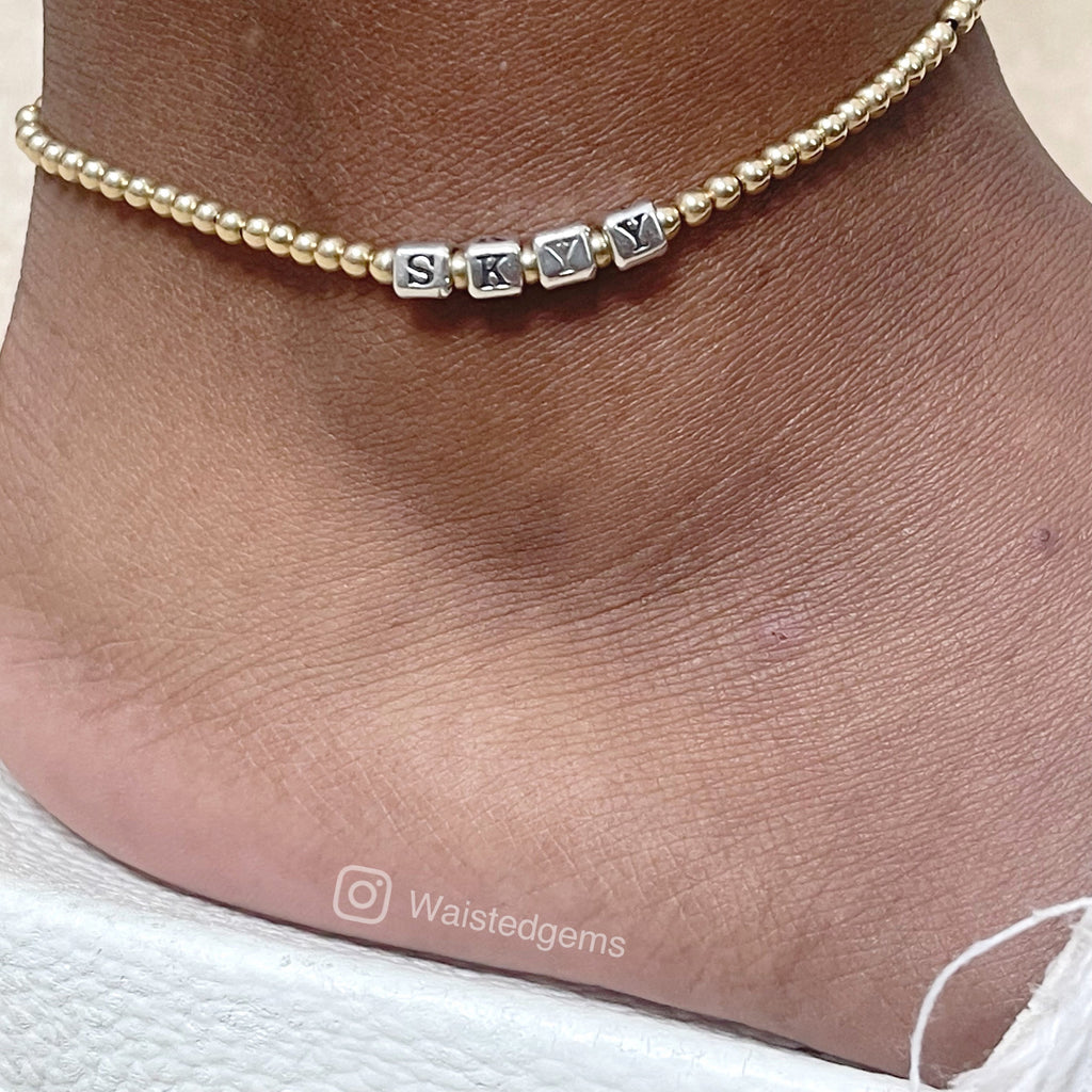 14k Gold Filled Name Anklet – Two-Tone Custom Beaded Monogram