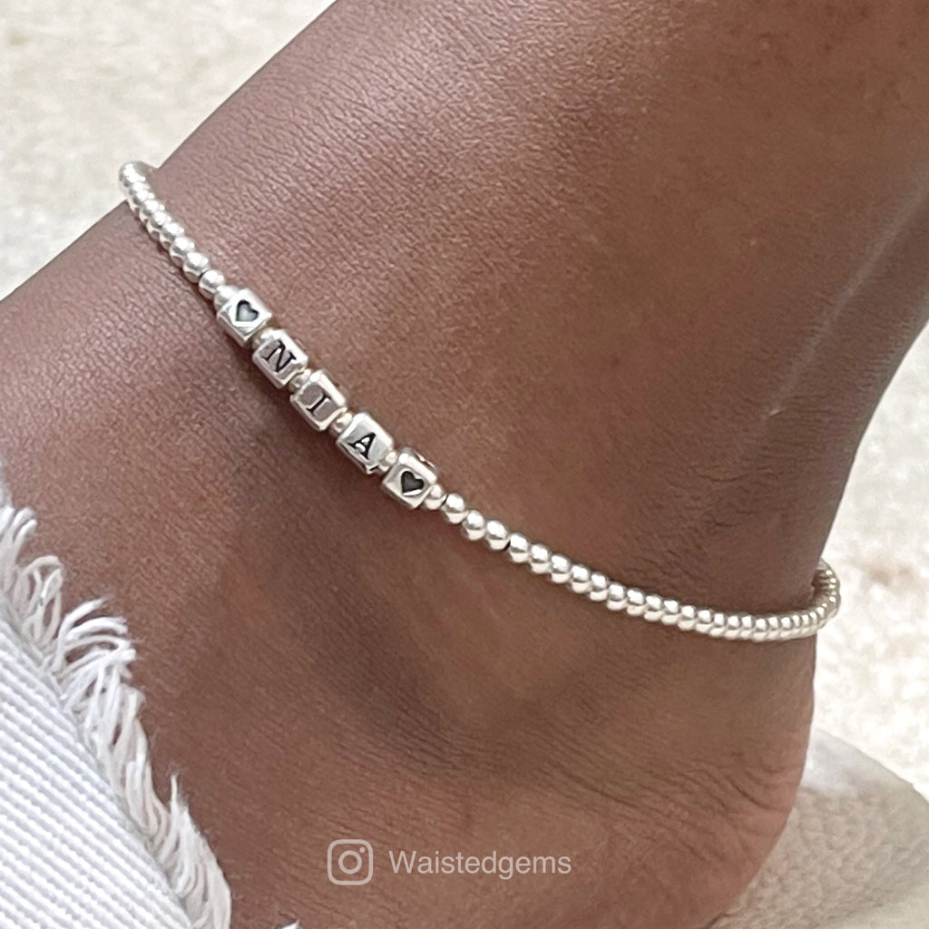 Sterling Silver Name Anklet – Custom Beaded Monogram
