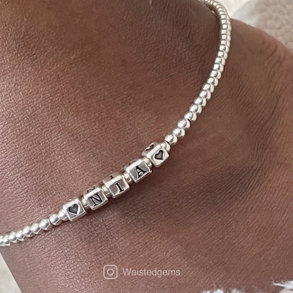 Sterling Silver Name Anklet – Custom Beaded Monogram