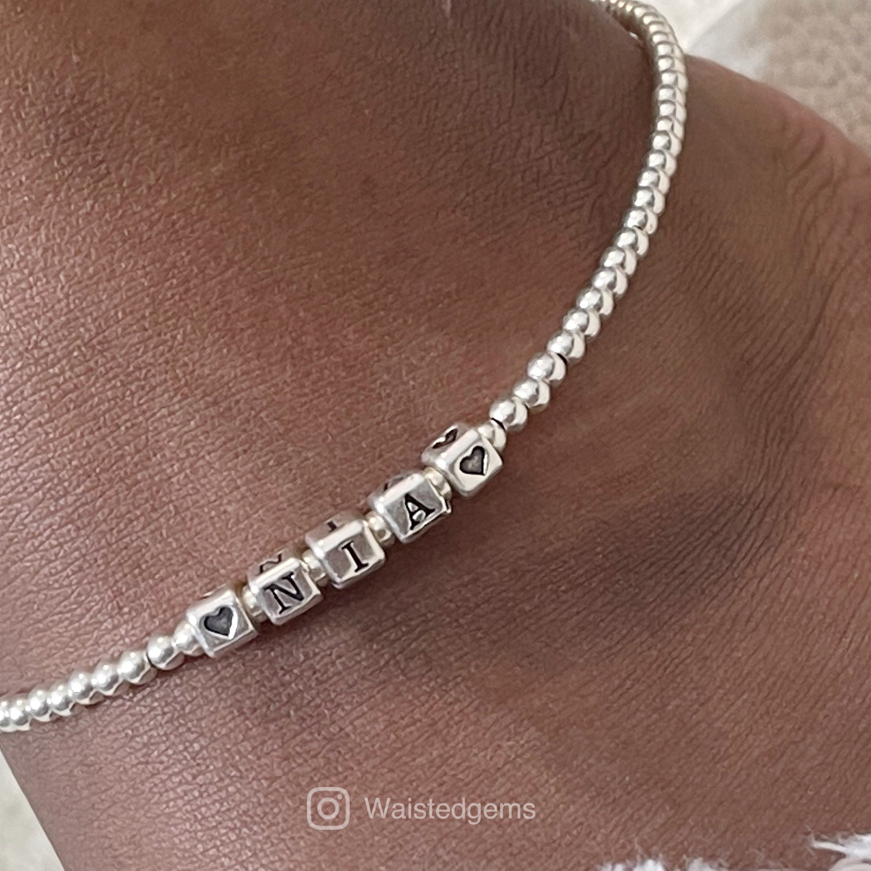 Sterling Silver Name Anklet – Custom Beaded Monogram