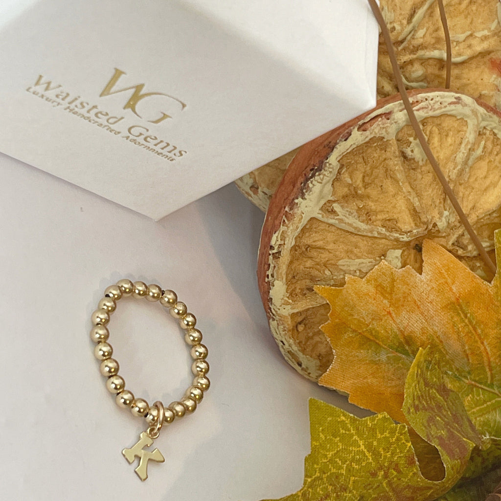 14k Gold Filled Initial Beaded Ring – Dainty Charm Stretch Band