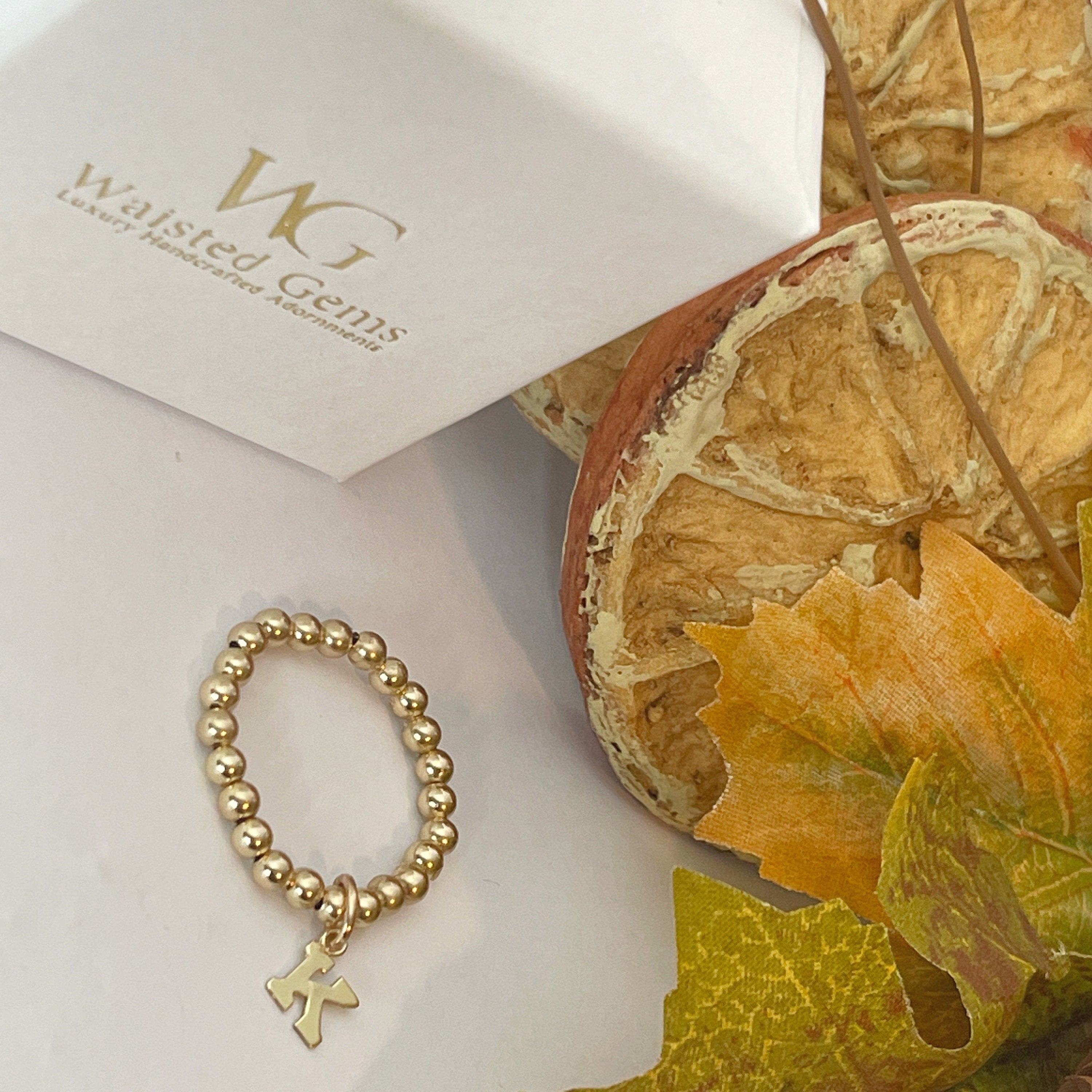 14k Gold Filled Initial Beaded Ring – Dainty Charm Stretch Band