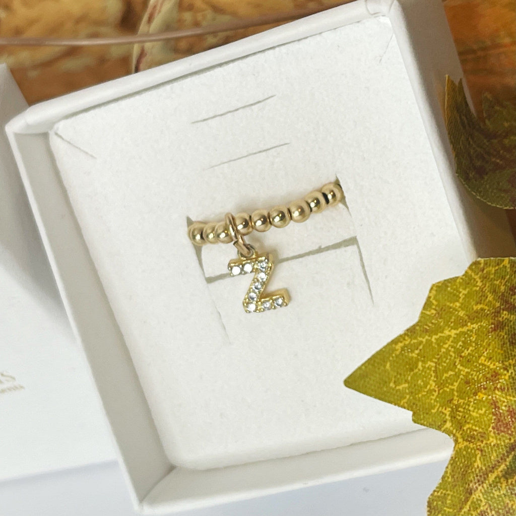 Initial Charm Ring | 14k Diamond Pave Initial Charm Ring | Stackable | Pinky Ring | Stretch | Gold Bead Ring | 14k Gold Filled Bead Ring