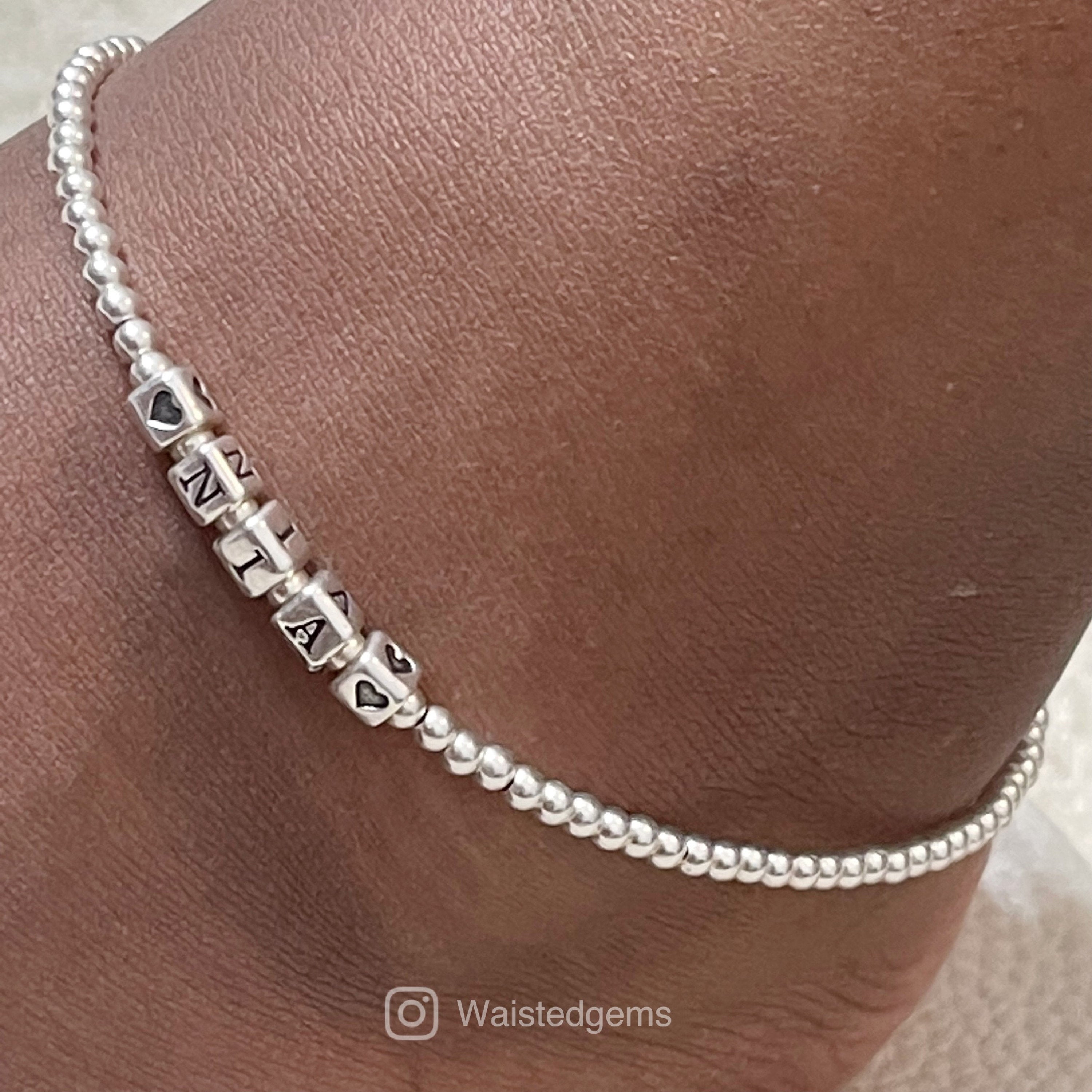 Sterling Silver Name Anklet – Custom Beaded Monogram