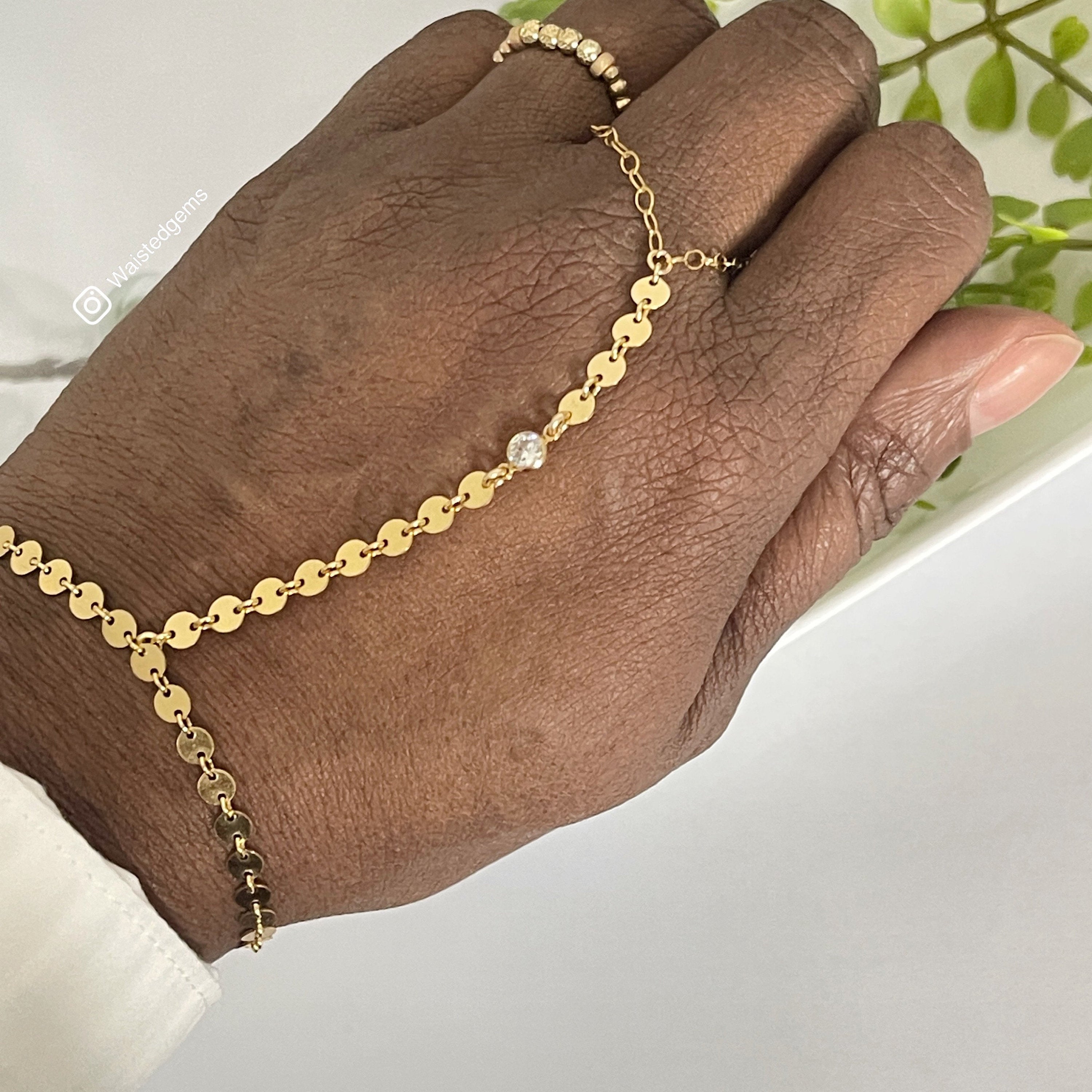 14k Gold Filled Hand Chain Bracelet – Disk Detail