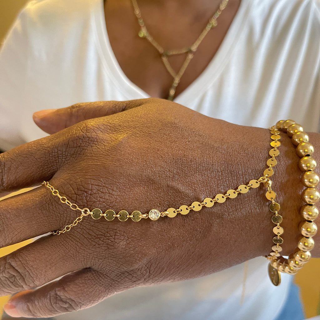 14k Gold Filled Hand Chain Bracelet – Disk Detail
