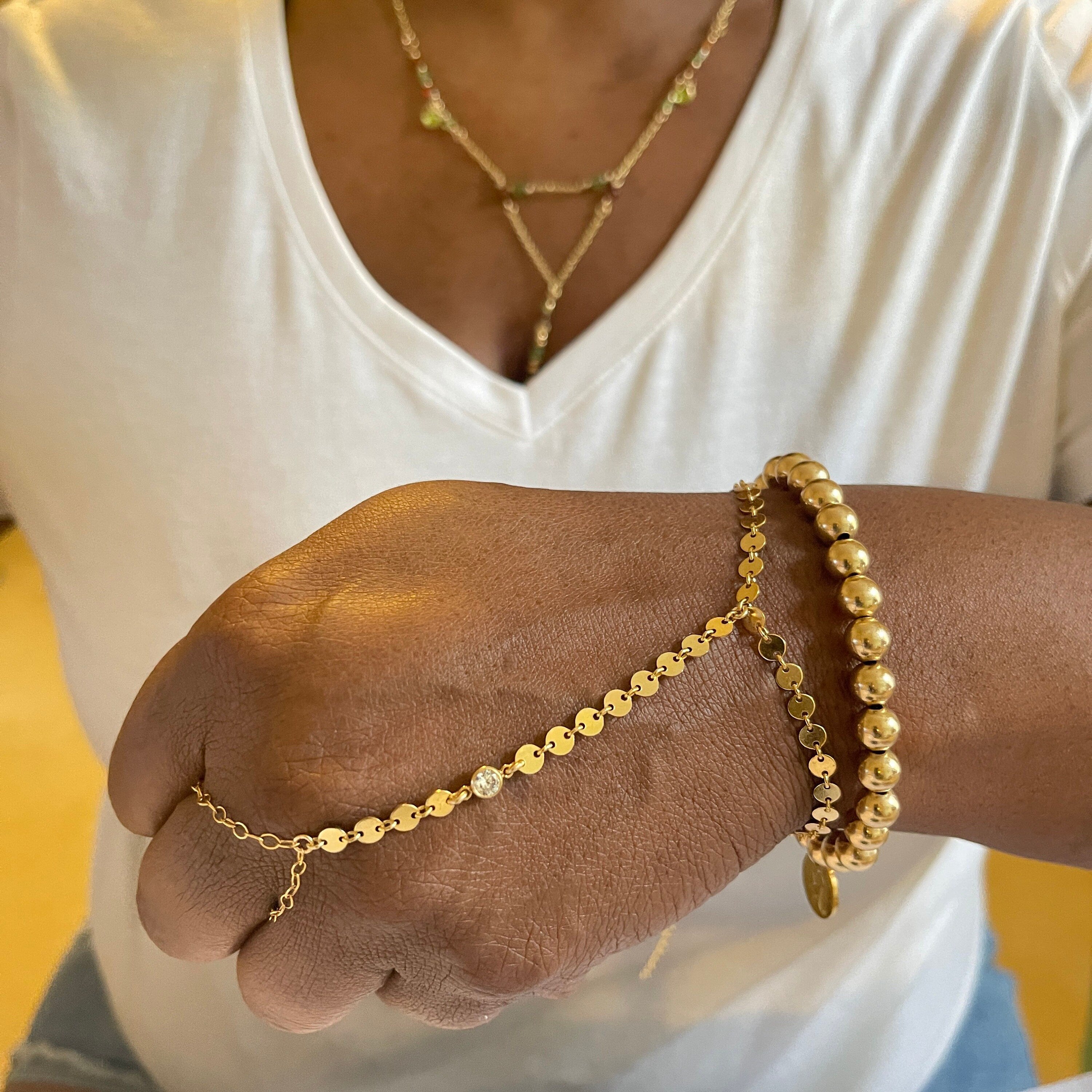 14k Gold Filled Hand Chain Bracelet – Disk Detail
