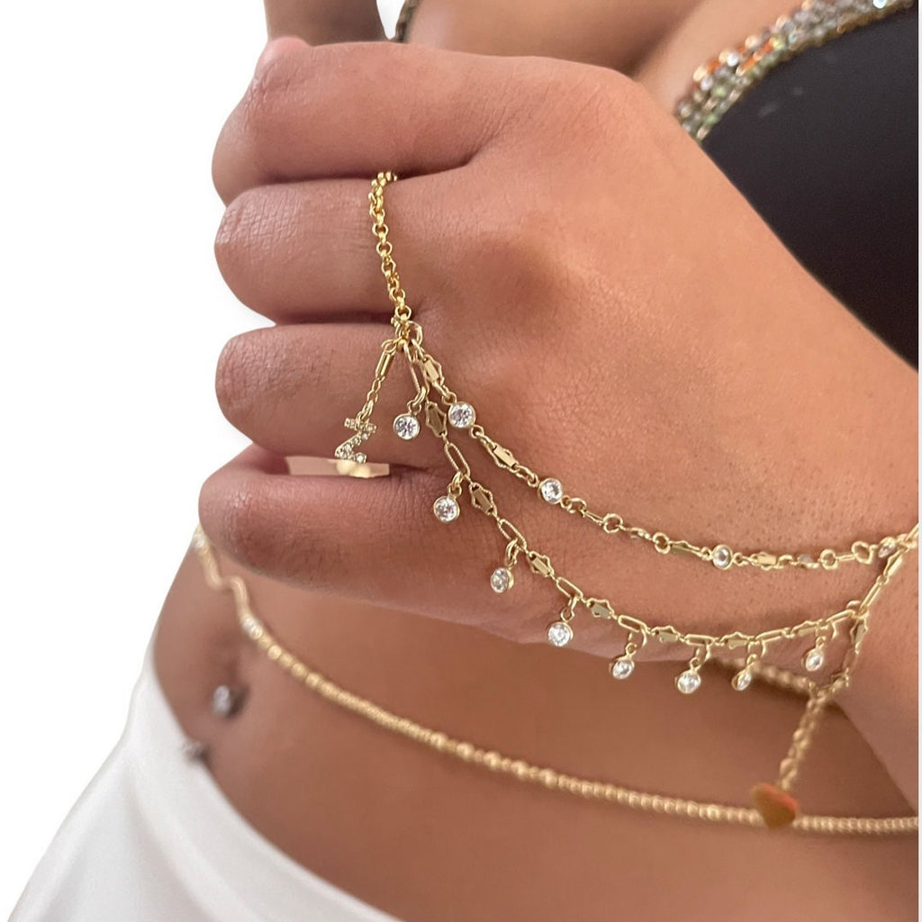 14k Gold Filled Hand Chain Bracelet with Diamond Initial Charm