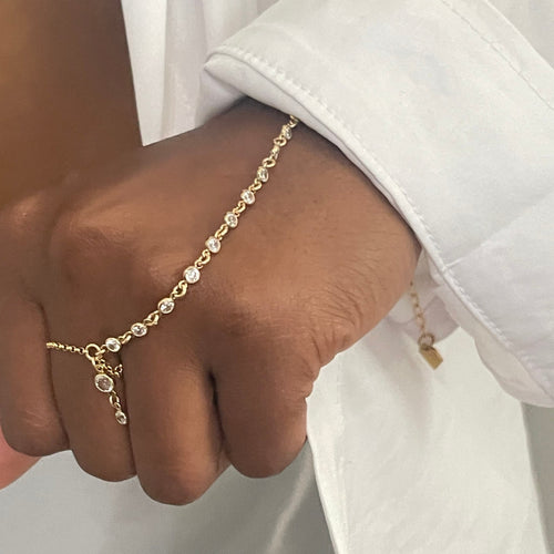 14k Gold Filled White Topaz Hand Chain Bracelet CZ Dangle Ring