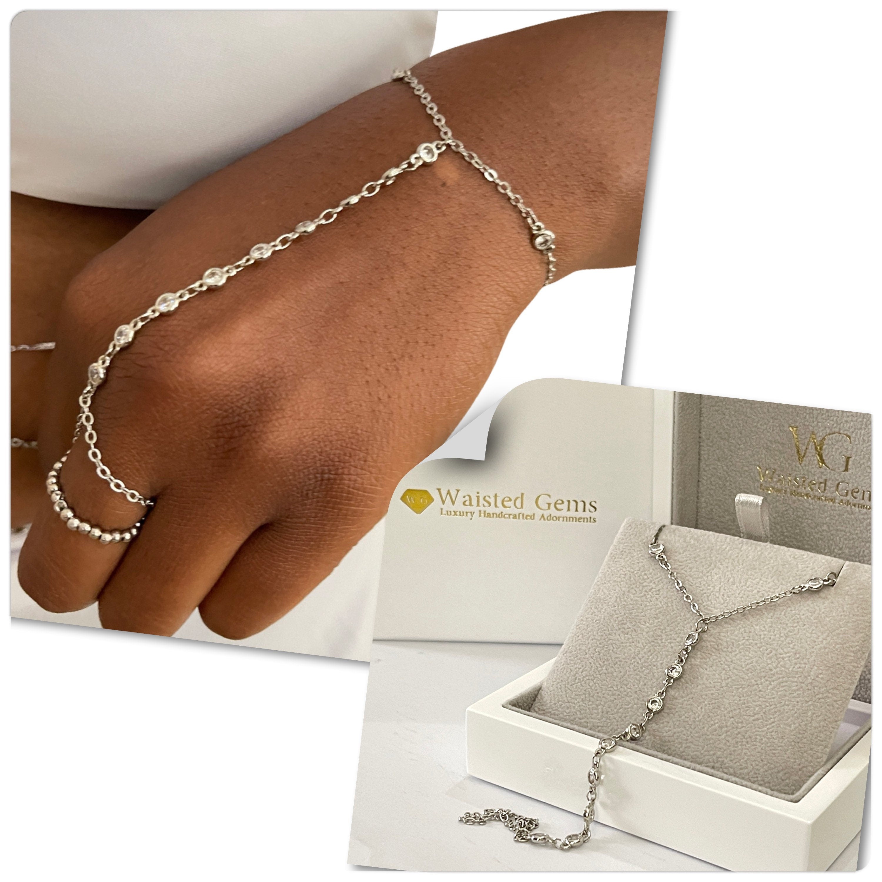 14k Gold Diamond Hand Chain Bracelet
