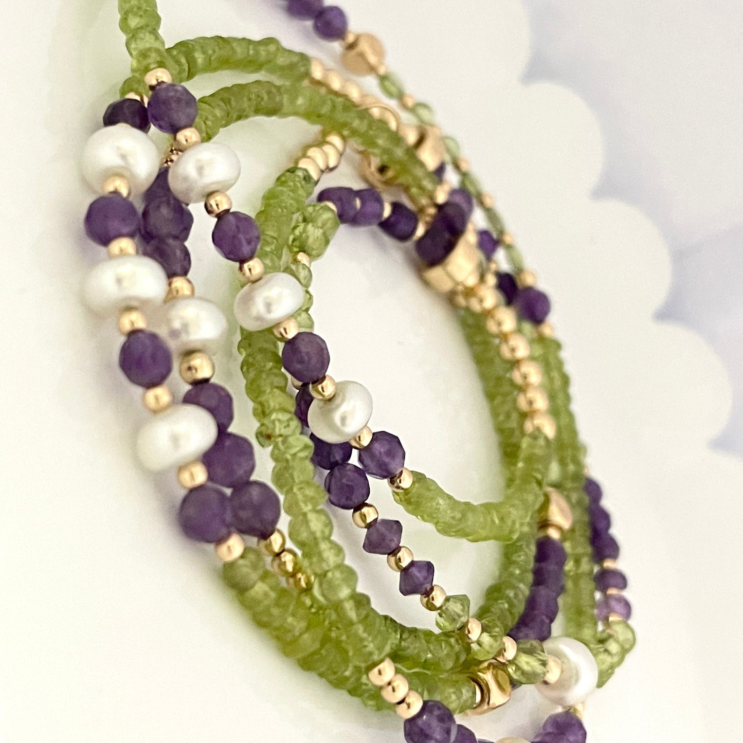 14k Solid Gold Peridot Amethyst and Pearl Waist Beads lifestyle