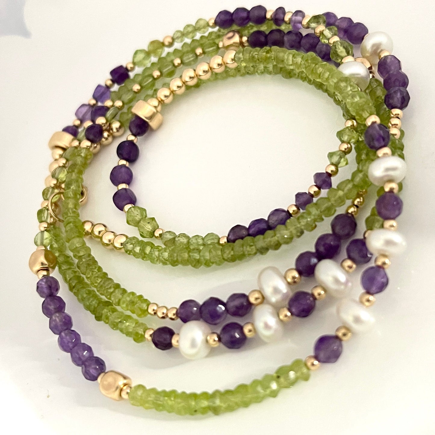 14k Solid Gold Peridot Amethyst and Pearl Waist Beads gemstone arrangement